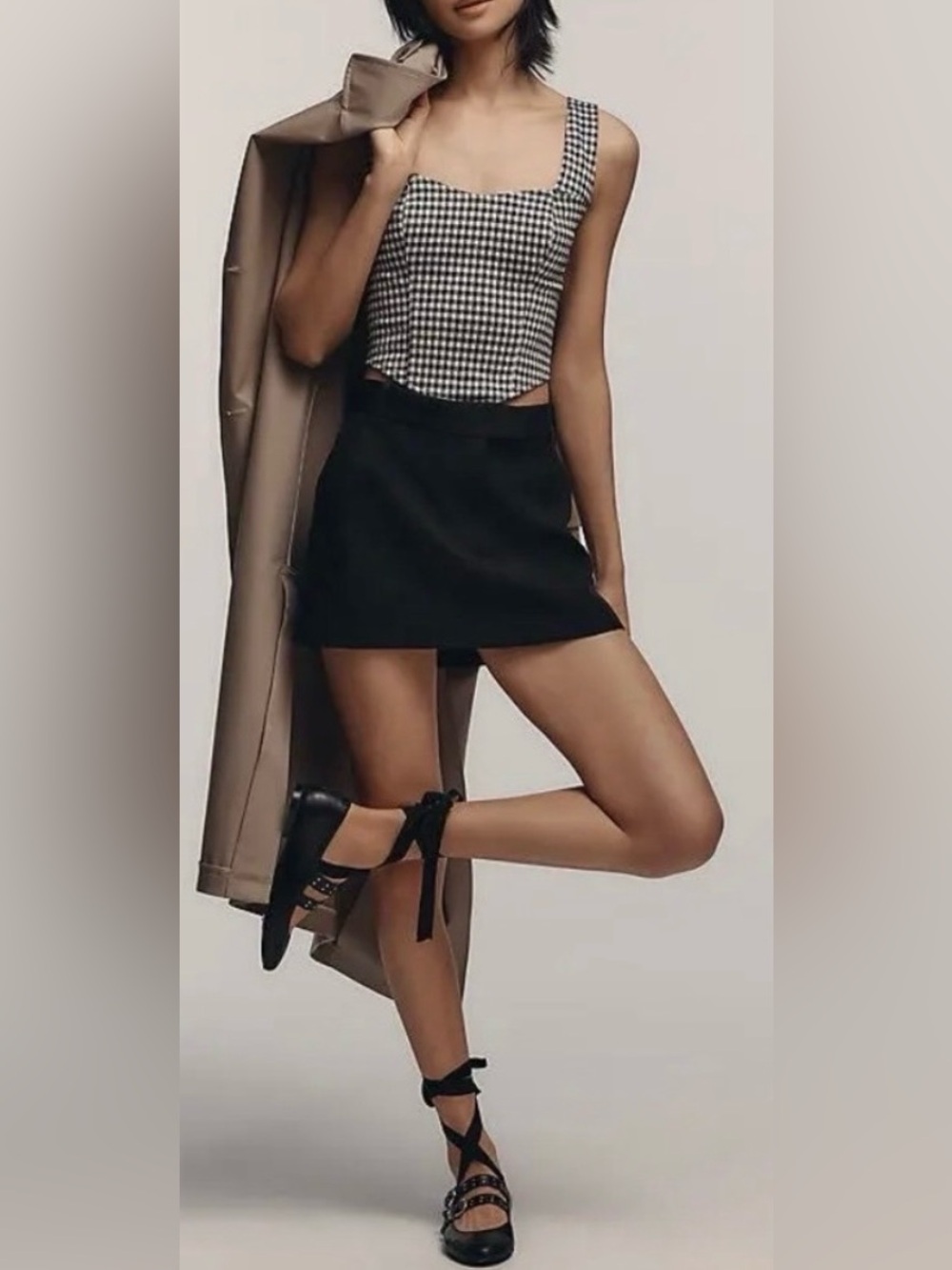 Anthropologie Black & White Gingham Square-Neck Crop Top